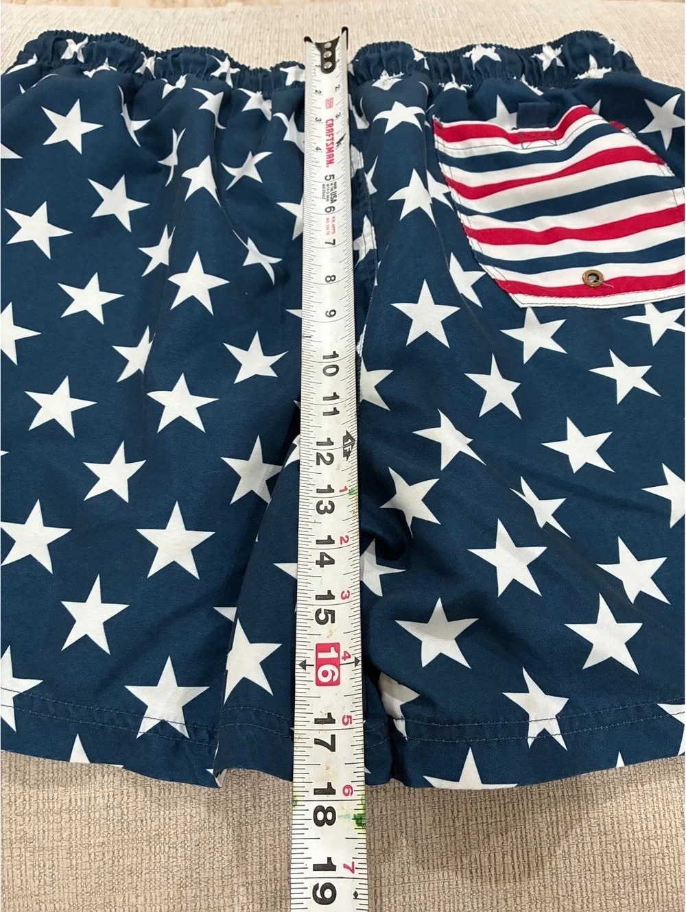 Men's Navy Blue Swim Shorts with White Star Print and Striped Back Pocket